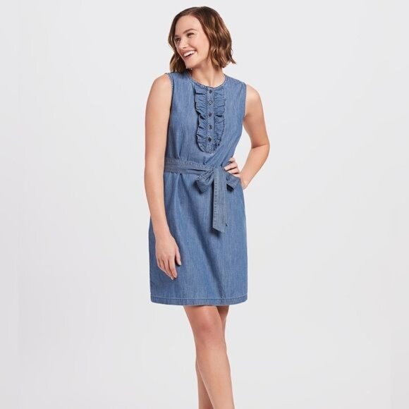 Draper James Sleeveless Dark Denim Chambray Ruffle Shift Dress Large Reese - Picture 3 of 12